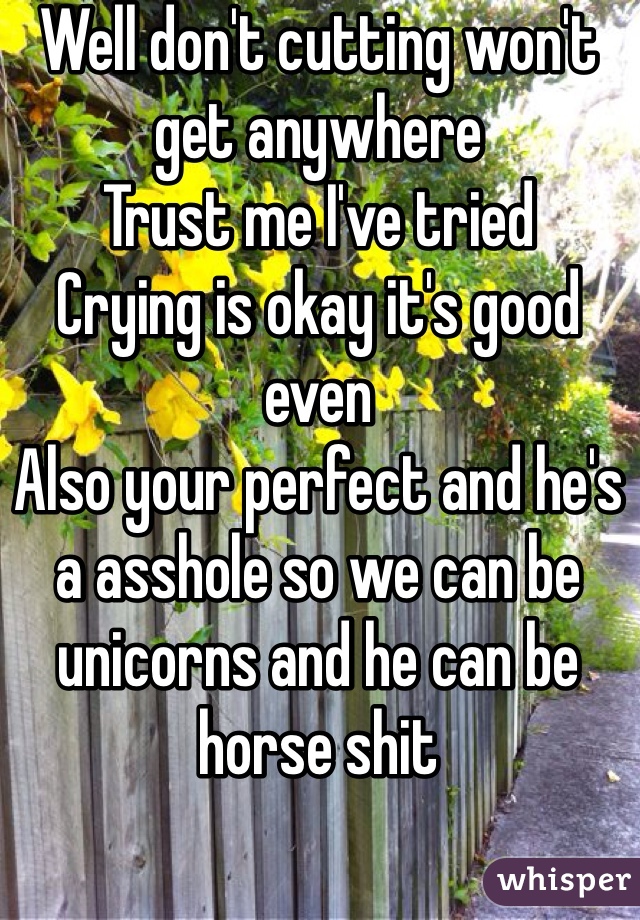 Well don't cutting won't get anywhere 
Trust me I've tried
Crying is okay it's good even 
Also your perfect and he's a asshole so we can be unicorns and he can be horse shit 
