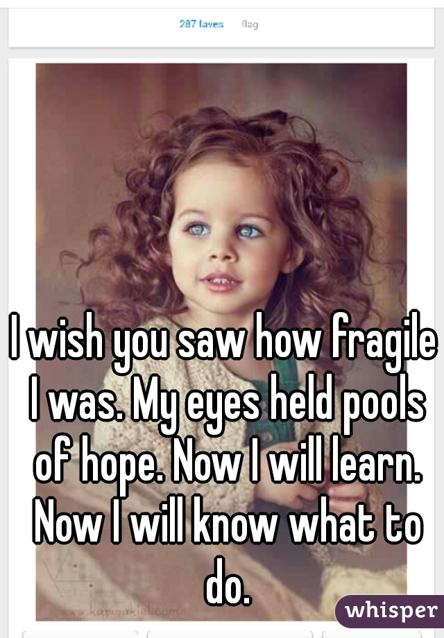 I wish you saw how fragile I was. My eyes held pools of hope. Now I will learn. Now I will know what to do.