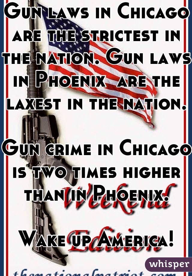 Gun laws in Chicago are the strictest in the nation. Gun laws in Phoenix  are the laxest in the nation.

Gun crime in Chicago is two times higher than in Phoenix.

Wake up America!
