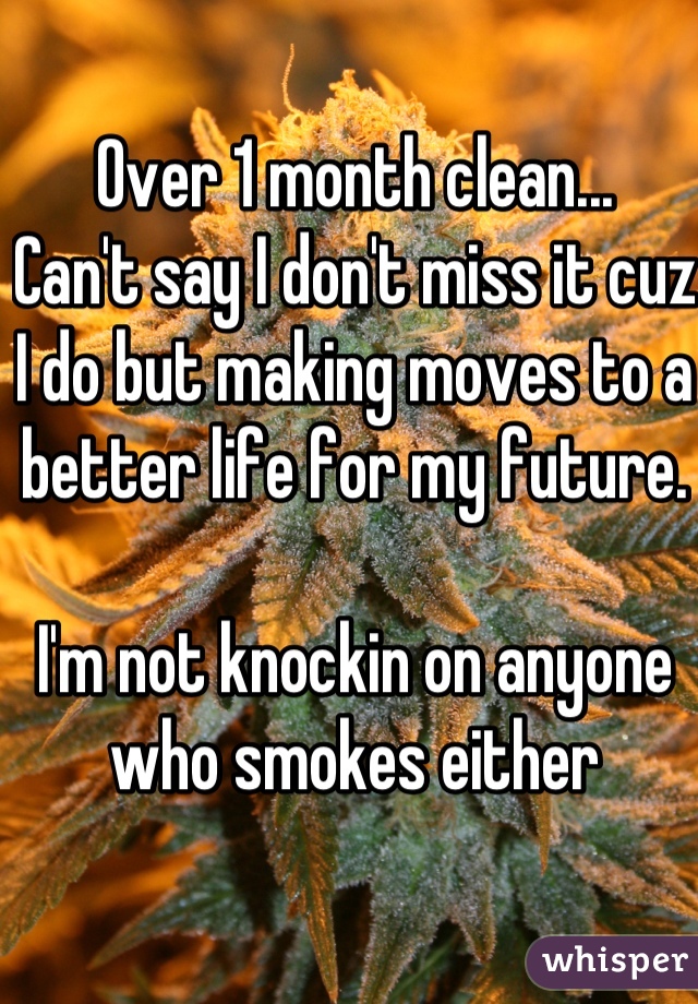 Over 1 month clean...
Can't say I don't miss it cuz I do but making moves to a better life for my future. 

I'm not knockin on anyone who smokes either 

