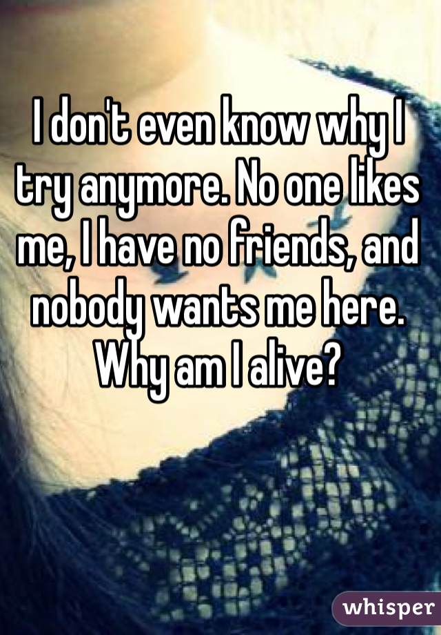I don't even know why I try anymore. No one likes me, I have no friends, and nobody wants me here. Why am I alive? 