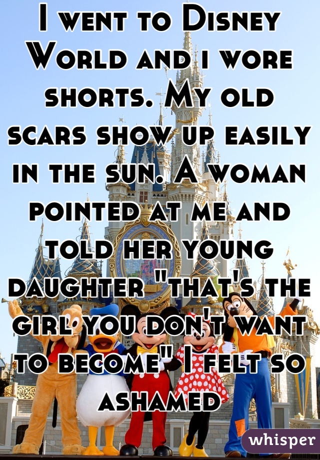 I went to Disney World and i wore shorts. My old scars show up easily in the sun. A woman pointed at me and told her young daughter "that's the girl you don't want to become" I felt so ashamed