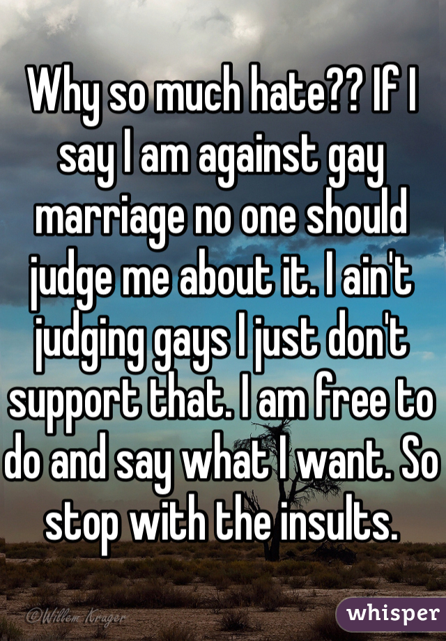 Why so much hate?? If I say I am against gay marriage no one should judge me about it. I ain't judging gays I just don't support that. I am free to do and say what I want. So stop with the insults. 