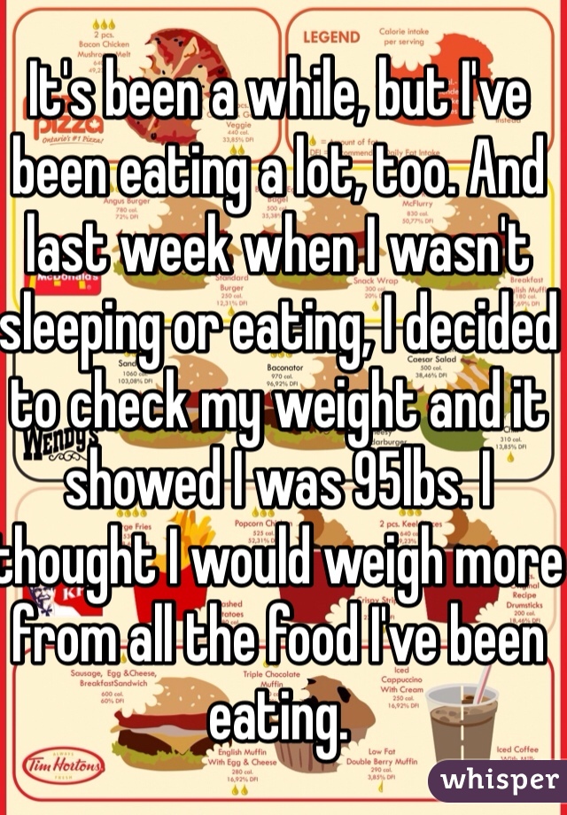 It's been a while, but I've been eating a lot, too. And last week when I wasn't sleeping or eating, I decided to check my weight and it showed I was 95lbs. I thought I would weigh more from all the food I've been eating.