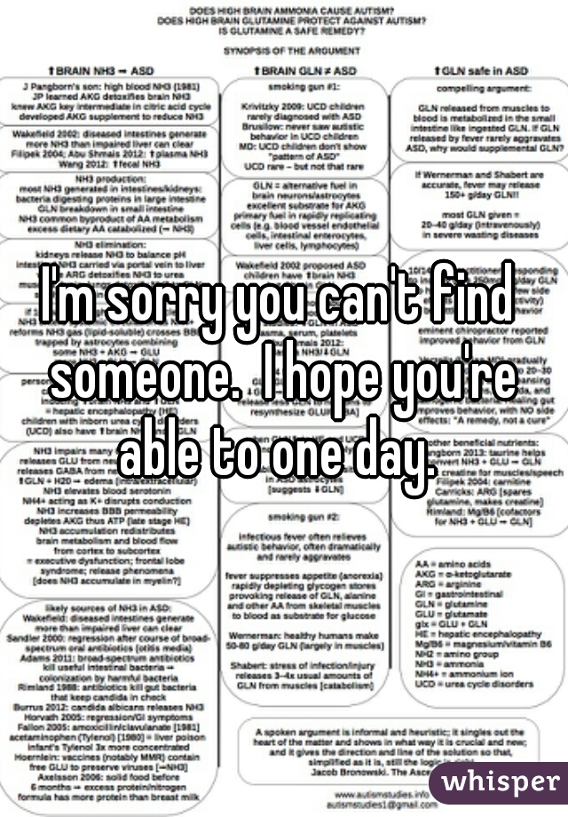 I'm sorry you can't find someone.  I hope you're able to one day. 