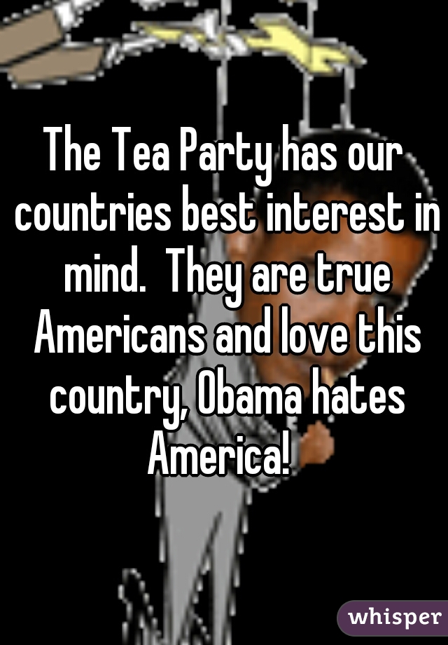 The Tea Party has our countries best interest in mind.  They are true Americans and love this country, Obama hates America!  