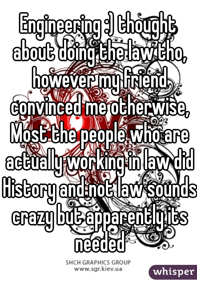 Engineering :) thought about doing the law tho, however my friend convinced me otherwise, Most the people who are actually working in law did History and not law sounds crazy but apparently its needed