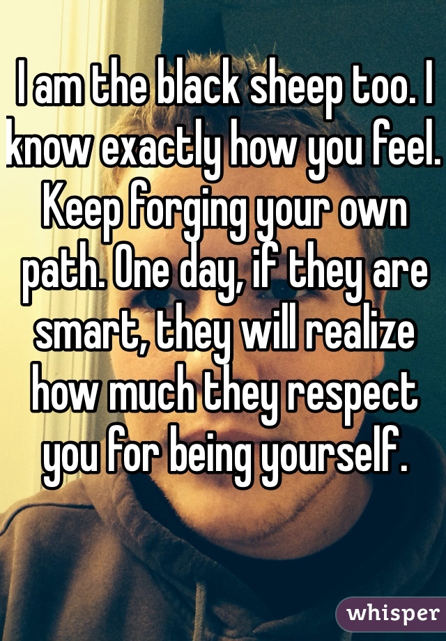 I am the black sheep too. I know exactly how you feel. Keep forging your own path. One day, if they are smart, they will realize how much they respect you for being yourself.