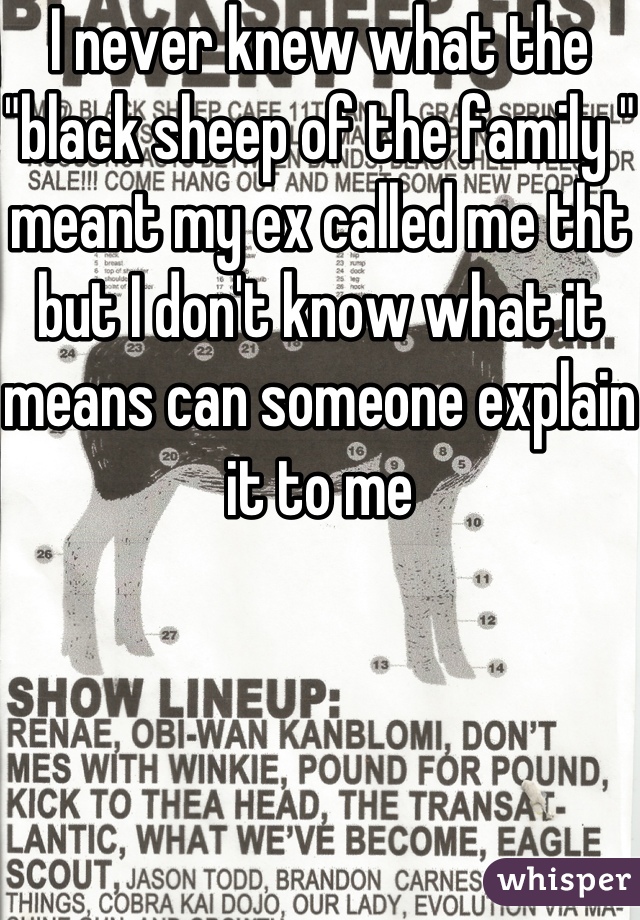 I never knew what the 
"black sheep of the family "
meant my ex called me tht but I don't know what it means can someone explain it to me 