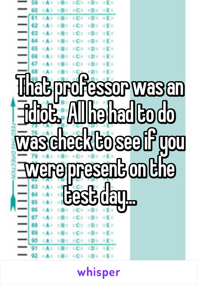 That professor was an idiot.  All he had to do was check to see if you were present on the test day...