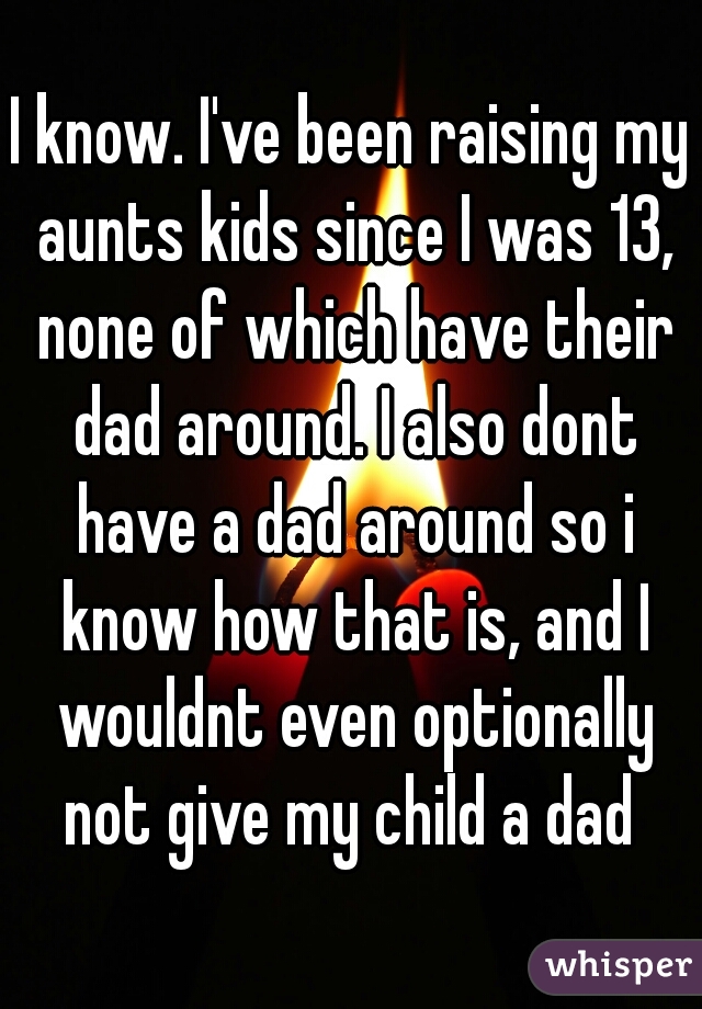 I know. I've been raising my aunts kids since I was 13, none of which have their dad around. I also dont have a dad around so i know how that is, and I wouldnt even optionally not give my child a dad 