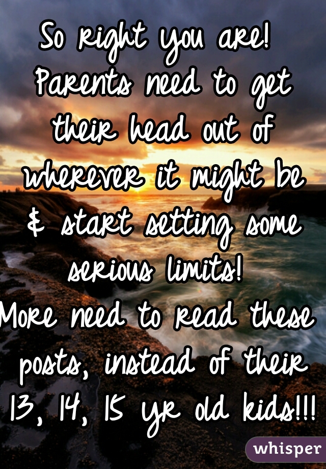 So right you are! Parents need to get their head out of wherever it might be & start setting some serious limits! 
More need to read these posts, instead of their 13, 14, 15 yr old kids!!!  