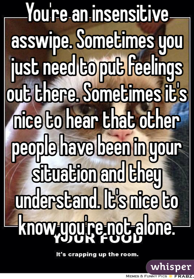 You're an insensitive asswipe. Sometimes you just need to put feelings out there. Sometimes it's nice to hear that other people have been in your situation and they understand. It's nice to know you're not alone. 