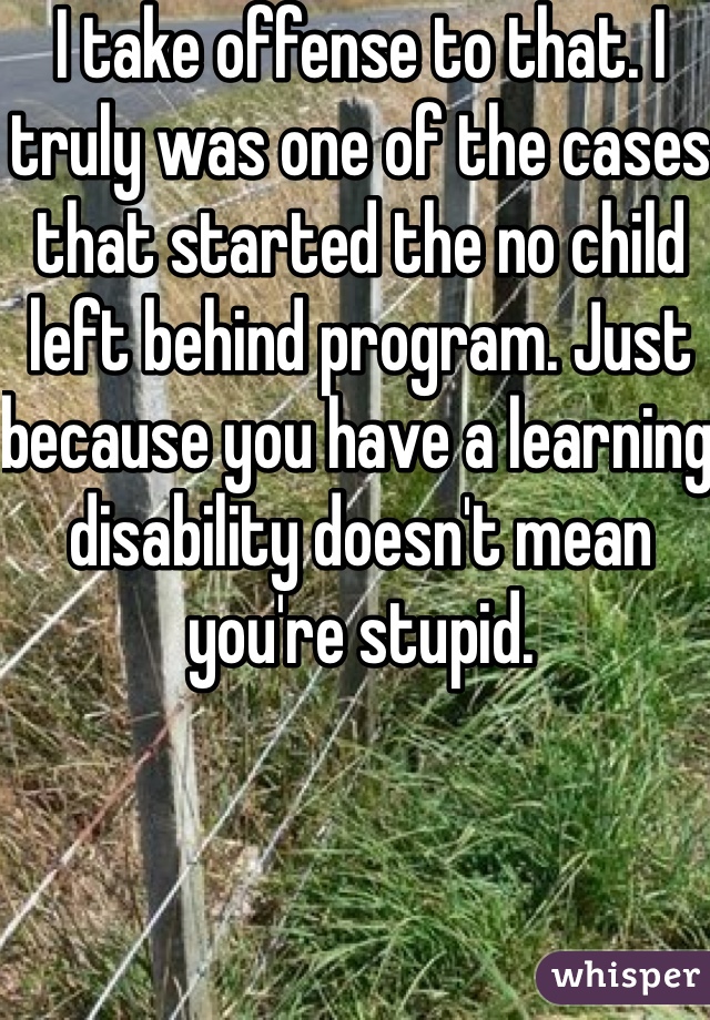 I take offense to that. I truly was one of the cases that started the no child left behind program. Just because you have a learning disability doesn't mean you're stupid.