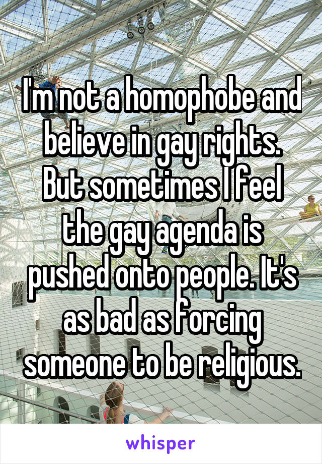 I'm not a homophobe and believe in gay rights. But sometimes I feel the gay agenda is pushed onto people. It's as bad as forcing someone to be religious.