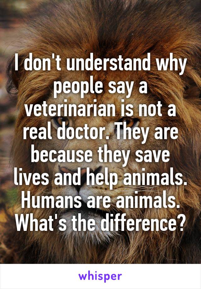 I don't understand why people say a veterinarian is not a real doctor. They are because they save lives and help animals. Humans are animals. What's the difference?