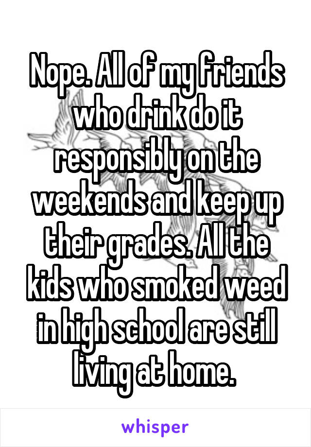 Nope. All of my friends who drink do it responsibly on the weekends and keep up their grades. All the kids who smoked weed in high school are still living at home. 