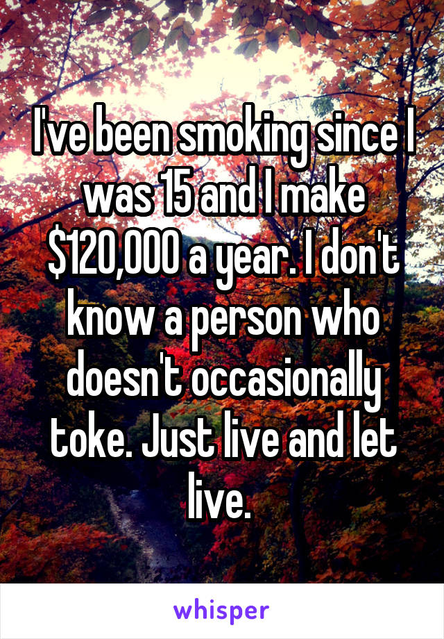 I've been smoking since I was 15 and I make $120,000 a year. I don't know a person who doesn't occasionally toke. Just live and let live. 