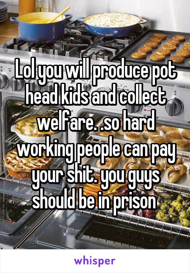 Lol you will produce pot head kids and collect welfare. .so hard working people can pay your shit. you guys should be in prison 