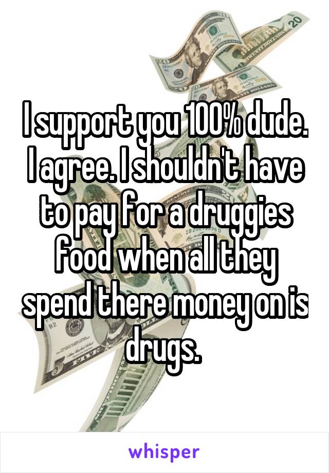 I support you 100% dude. I agree. I shouldn't have to pay for a druggies food when all they spend there money on is drugs. 