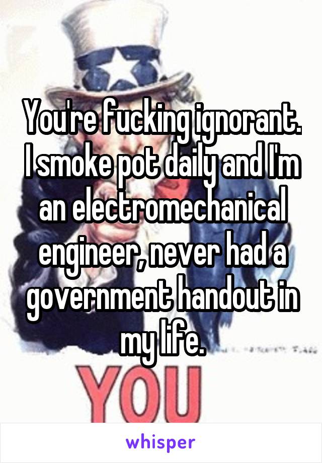 You're fucking ignorant. I smoke pot daily and I'm an electromechanical engineer, never had a government handout in my life.