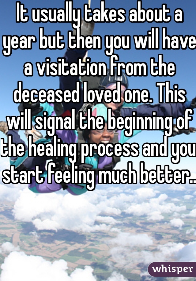 It usually takes about a year but then you will have a visitation from the deceased loved one. This will signal the beginning of the healing process and you start feeling much better..