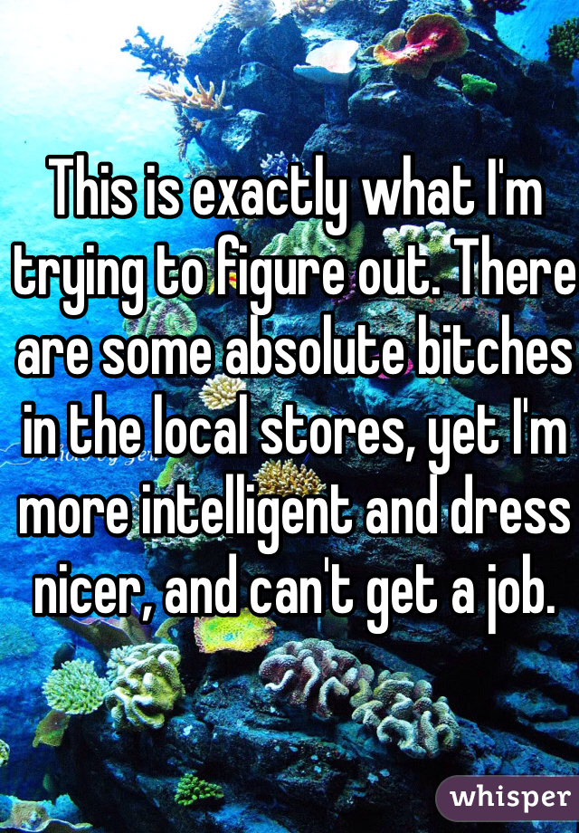 This is exactly what I'm trying to figure out. There are some absolute bitches in the local stores, yet I'm more intelligent and dress nicer, and can't get a job. 