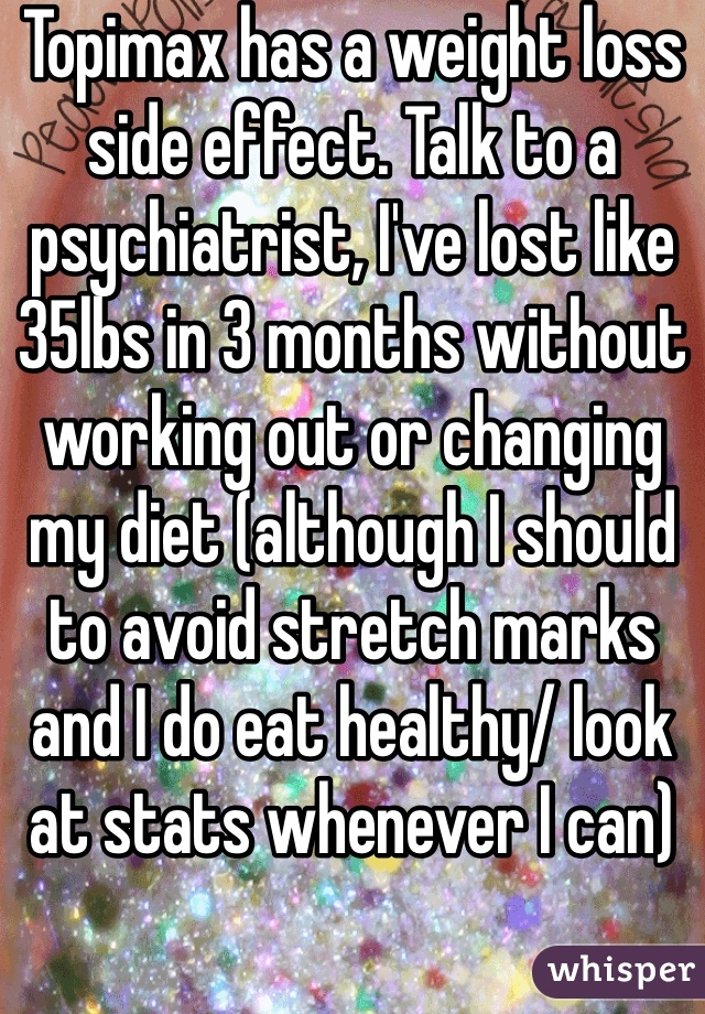 Topimax has a weight loss side effect. Talk to a psychiatrist, I've lost like 35lbs in 3 months without working out or changing my diet (although I should to avoid stretch marks and I do eat healthy/ look at stats whenever I can)