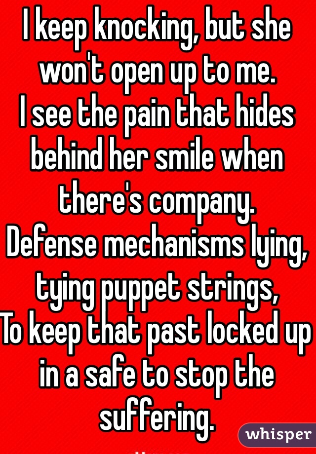 I keep knocking, but she won't open up to me.
I see the pain that hides behind her smile when there's company.
Defense mechanisms lying, tying puppet strings,
To keep that past locked up in a safe to stop the suffering. 