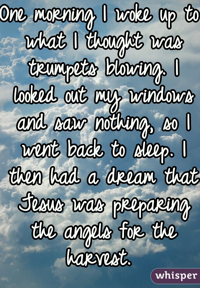 One morning I woke up to what I thought was trumpets blowing. I looked out my windows and saw nothing, so I went back to sleep. I then had a dream that Jesus was preparing the angels for the harvest. 