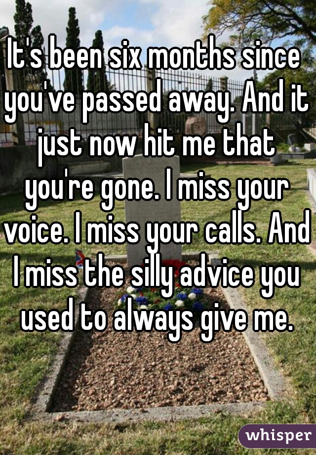 It's been six months since you've passed away. And it just now hit me that you're gone. I miss your voice. I miss your calls. And I miss the silly advice you used to always give me.