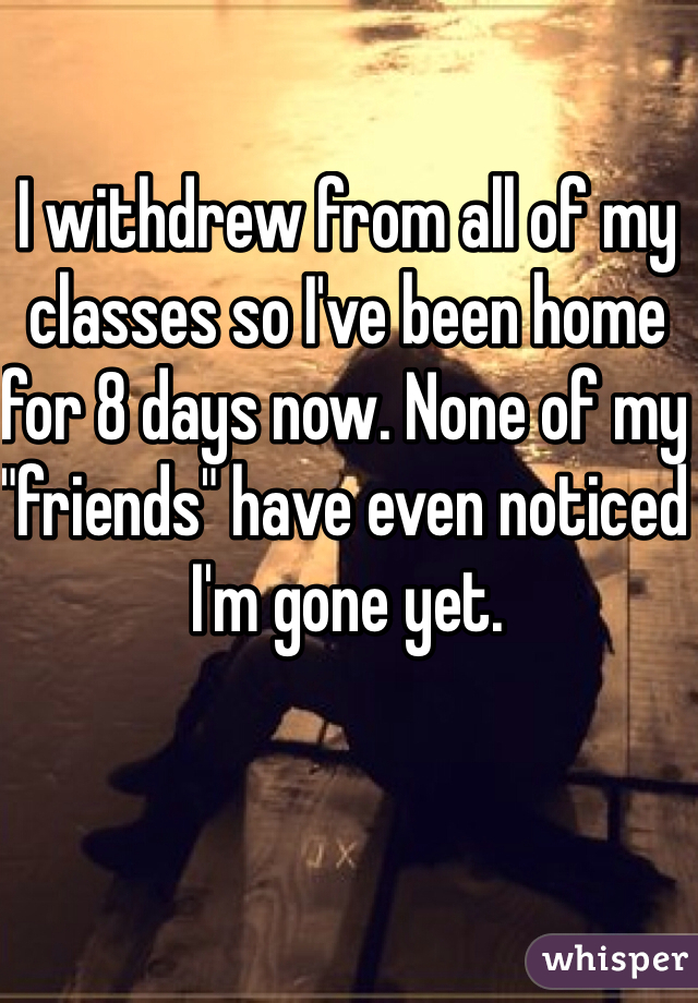 I withdrew from all of my classes so I've been home for 8 days now. None of my "friends" have even noticed I'm gone yet. 