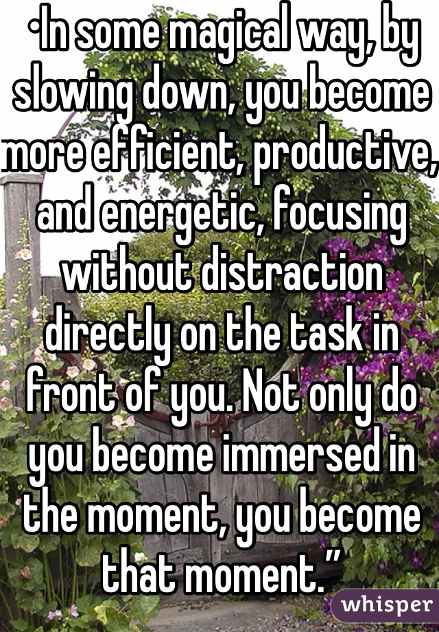 •In some magical way, by slowing down, you become more efficient, productive, and energetic, focusing without distraction directly on the task in front of you. Not only do you become immersed in the moment, you become that moment.”