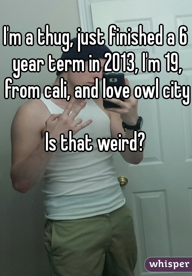 I'm a thug, just finished a 6 year term in 2013, I'm 19, from cali, and love owl city  
Is that weird?
