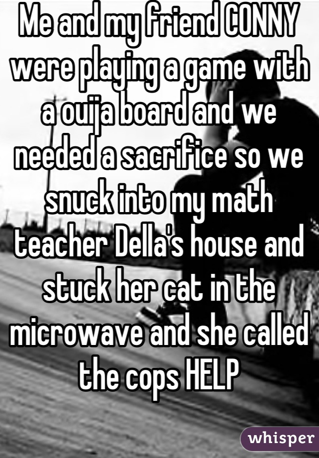 Me and my friend CONNY were playing a game with a ouija board and we needed a sacrifice so we snuck into my math teacher Della's house and stuck her cat in the microwave and she called the cops HELP