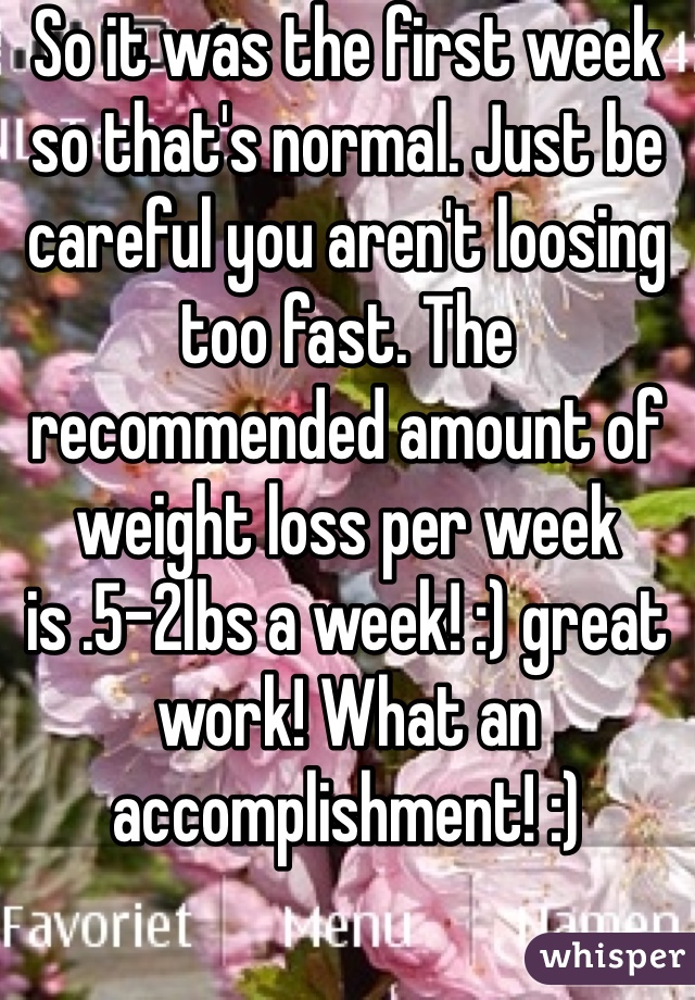 So it was the first week so that's normal. Just be careful you aren't loosing too fast. The recommended amount of weight loss per week 
is .5-2lbs a week! :) great work! What an accomplishment! :)