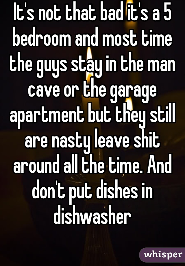 It's not that bad it's a 5 bedroom and most time the guys stay in the man cave or the garage apartment but they still are nasty leave shit around all the time. And don't put dishes in dishwasher 