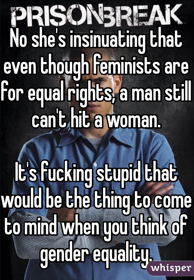 No she's insinuating that even though feminists are for equal rights, a man still can't hit a woman.

It's fucking stupid that would be the thing to come to mind when you think of gender equality.