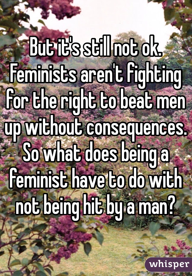 But it's still not ok. Feminists aren't fighting for the right to beat men up without consequences. So what does being a feminist have to do with not being hit by a man?