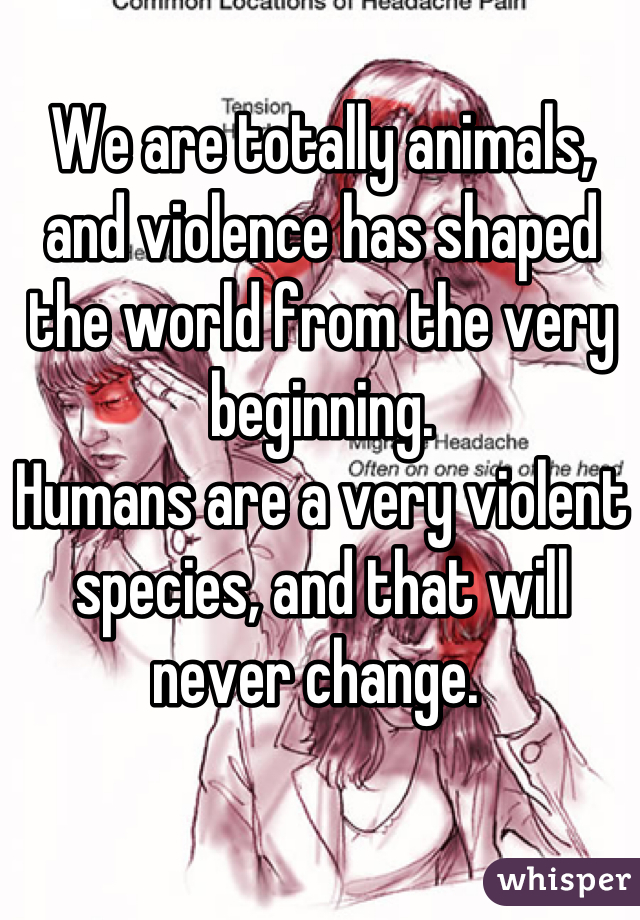 We are totally animals, and violence has shaped the world from the very beginning. 
Humans are a very violent species, and that will never change. 
