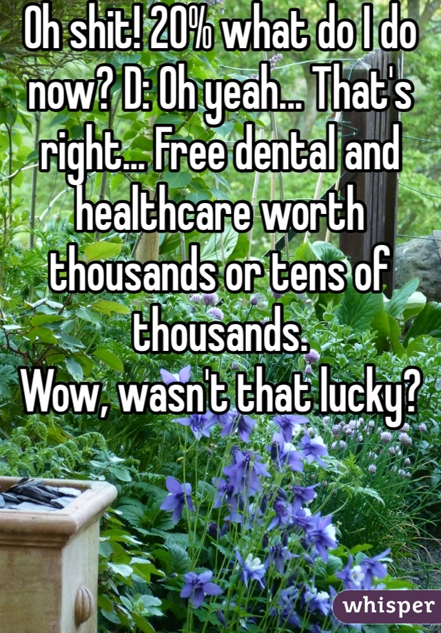 Oh shit! 20% what do I do now? D: Oh yeah... That's right... Free dental and healthcare worth thousands or tens of thousands.
Wow, wasn't that lucky?