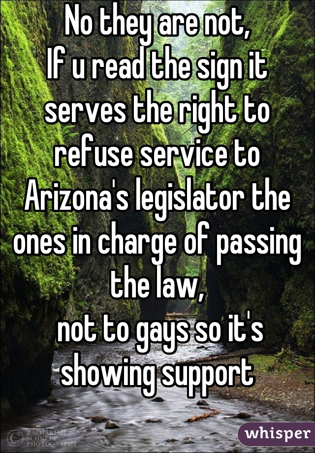 No they are not,
If u read the sign it serves the right to refuse service to Arizona's legislator the ones in charge of passing the law,
 not to gays so it's showing support