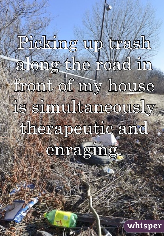 Picking up trash along the road in front of my house is simultaneously therapeutic and enraging. 