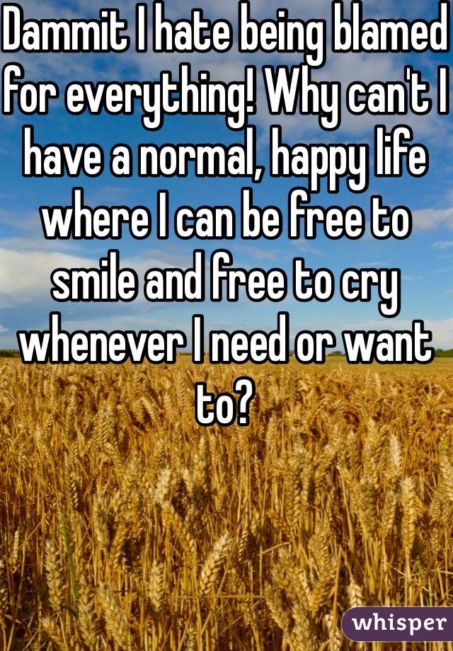 Dammit I hate being blamed for everything! Why can't I have a normal, happy life where I can be free to smile and free to cry whenever I need or want to?