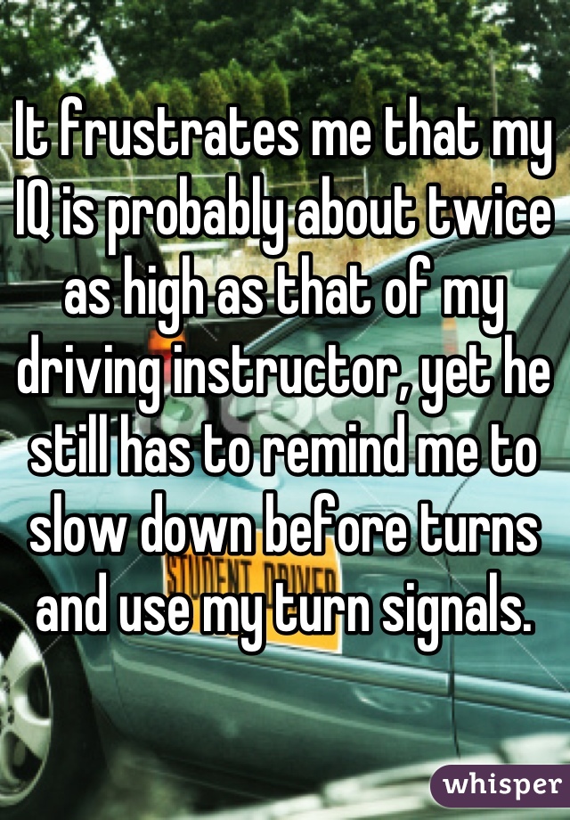 It frustrates me that my IQ is probably about twice as high as that of my driving instructor, yet he still has to remind me to slow down before turns and use my turn signals.