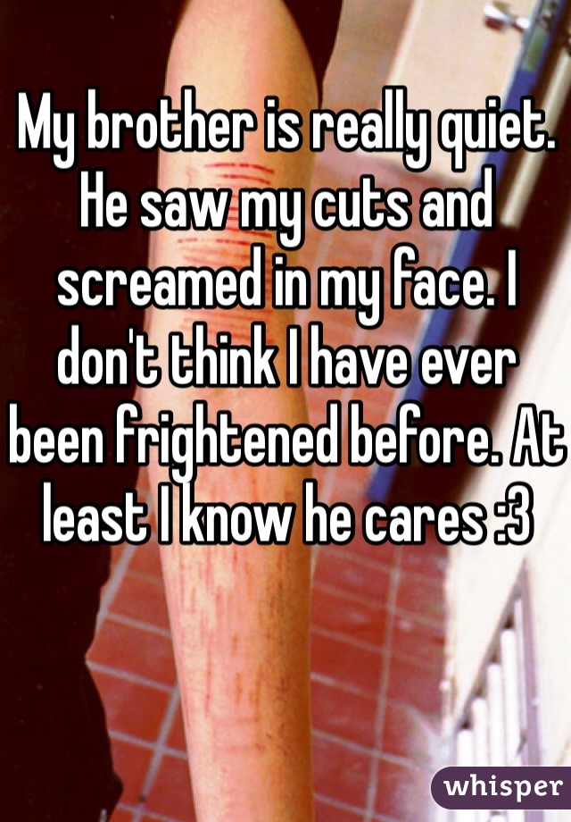 My brother is really quiet. He saw my cuts and screamed in my face. I don't think I have ever been frightened before. At least I know he cares :3 