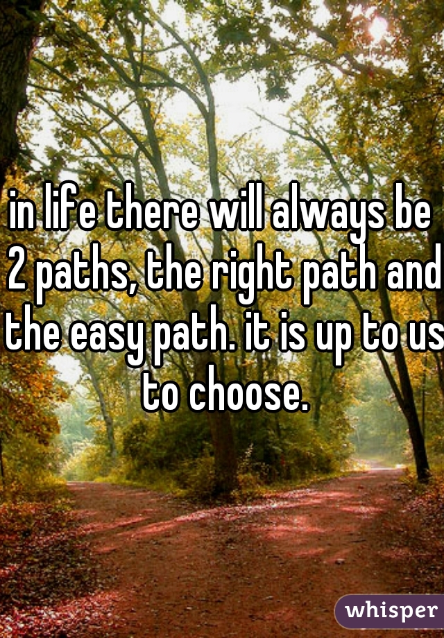 in life there will always be 2 paths, the right path and the easy path. it is up to us to choose.