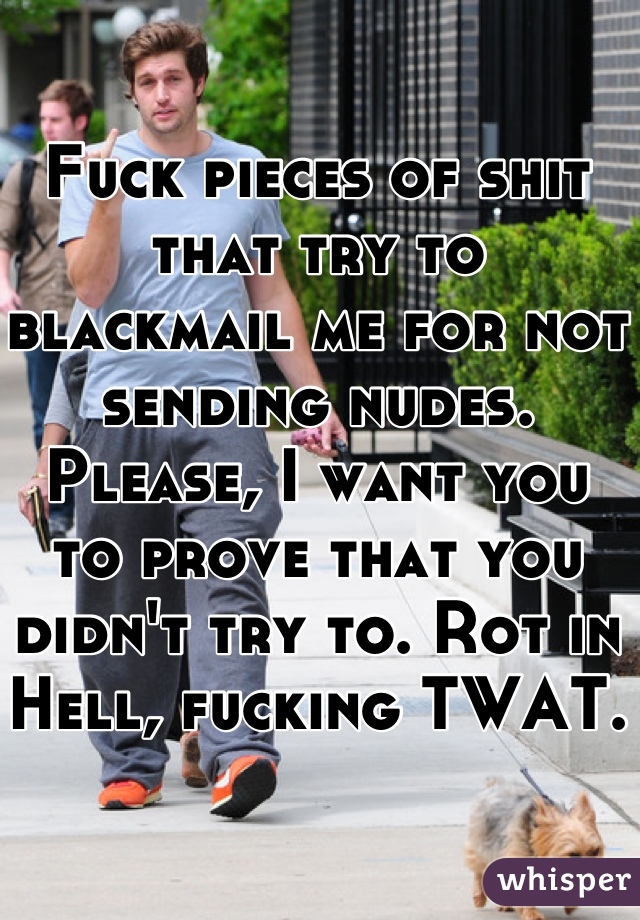 Fuck pieces of shit that try to blackmail me for not sending nudes. Please, I want you to prove that you didn't try to. Rot in Hell, fucking TWAT.