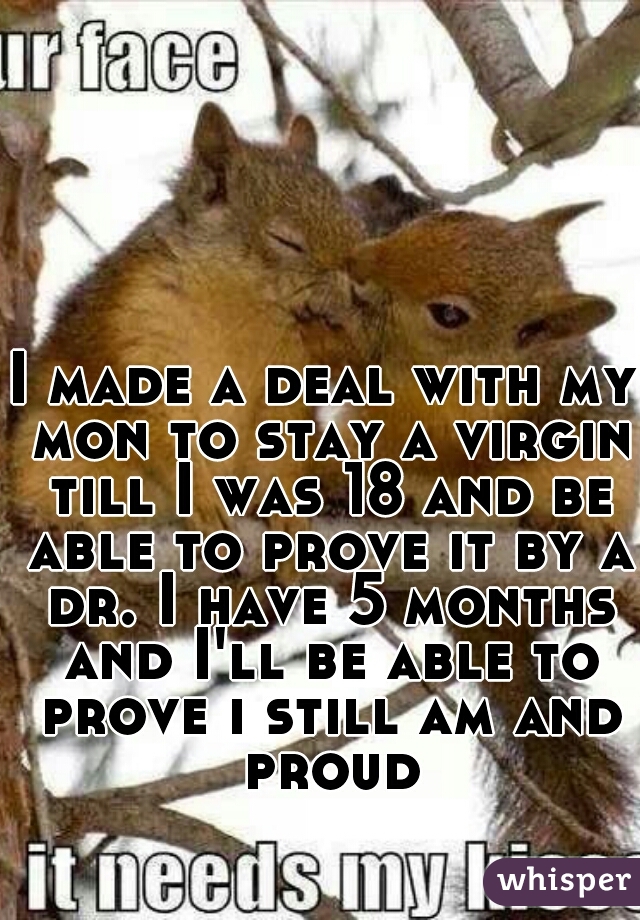 I made a deal with my mon to stay a virgin till I was 18 and be able to prove it by a dr. I have 5 months and I'll be able to prove i still am and proud