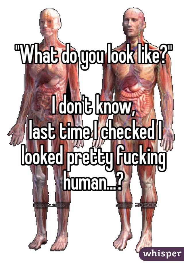 "What do you look like?" 

I don't know,
 last time I checked I looked pretty fucking human...?